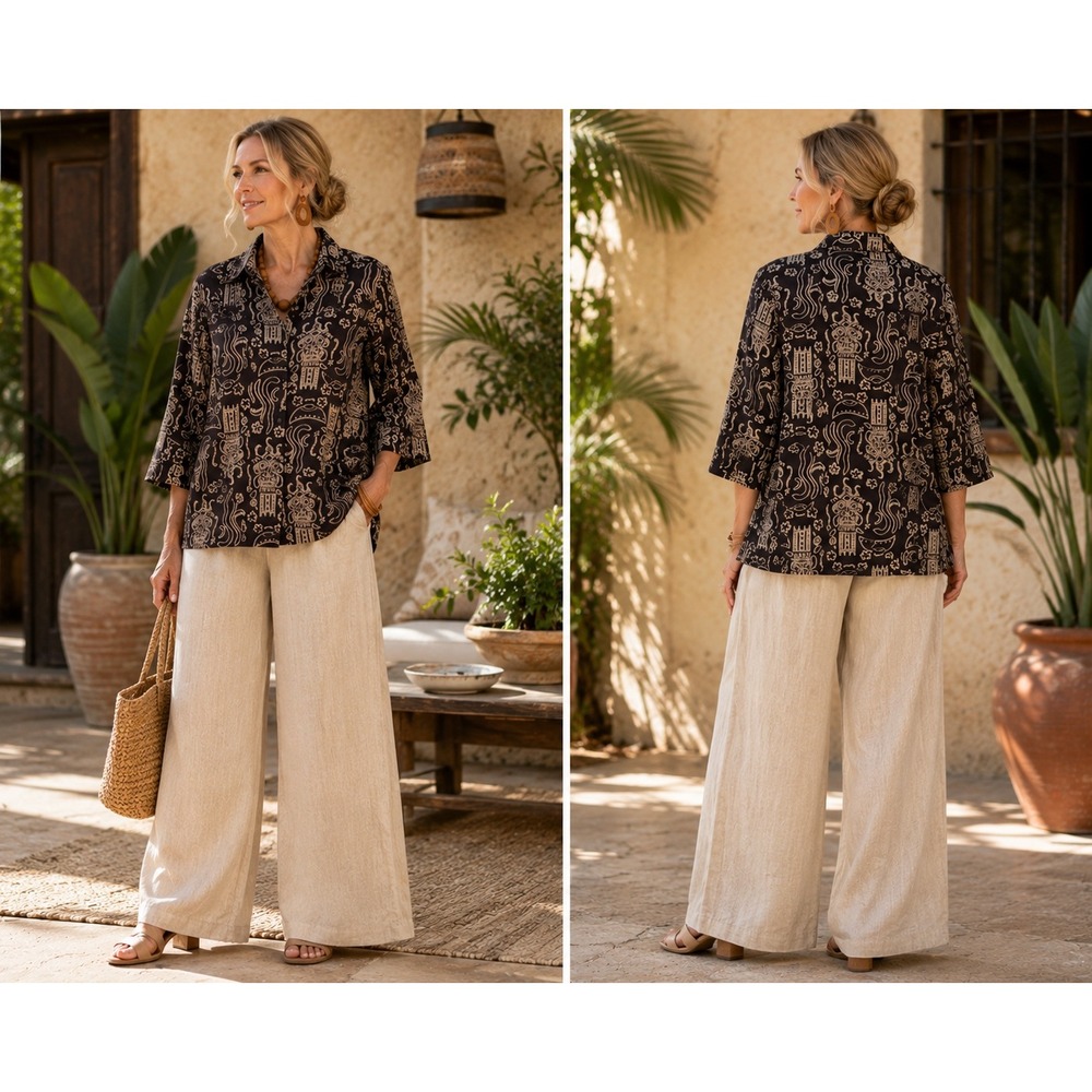 Vintage Chicos Brown Artsy Tribal Aztec Print Linen Blend Button Shirt Large